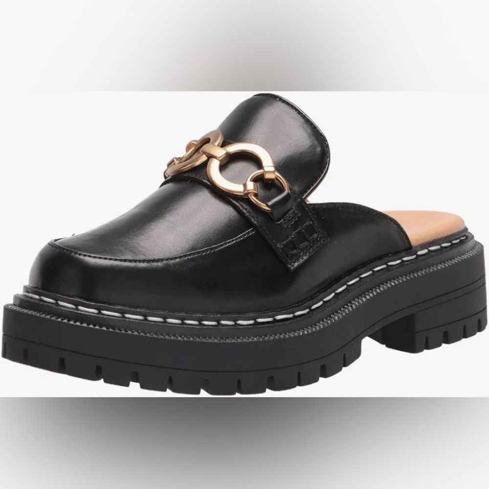 Sam Edelman Circus Black Chunky Lug Sole Slip-On Loafer Mule Gold Hardware 8